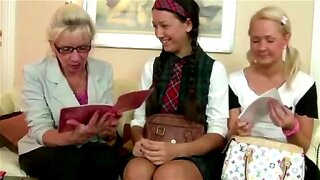 Two students play with toys and learn lesbian sex with naughty lesbian mature teacher